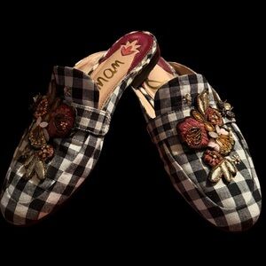 Sam Edelman Black and White Checkered Floral Mules